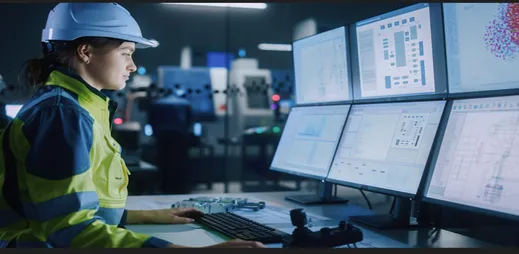 Operator in safety gear monitoring an industrial control room