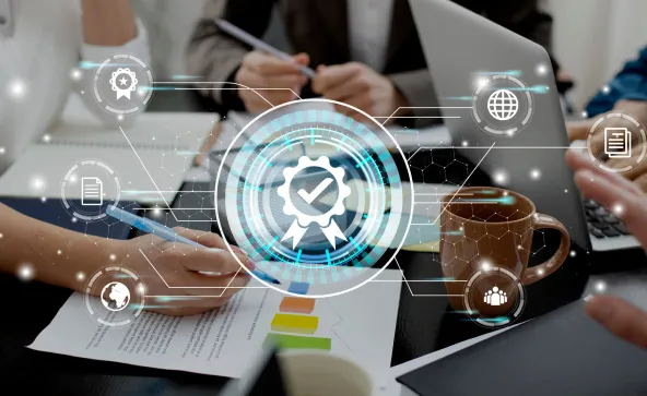Business meeting overlaid with quality and certification icons